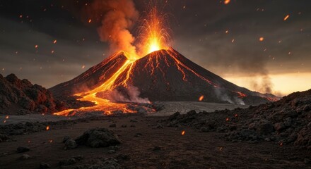 Erupting volcano, fiery lava flows from crater, dark clouds, glowing ash
