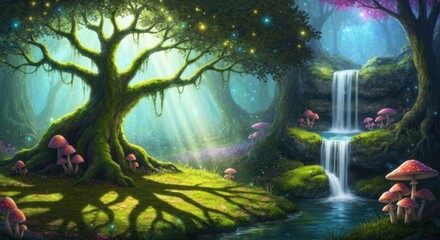 Enchanting forest glade bathed in light. Lush, mystical scene with ancient tree, waterfall, and glowing details