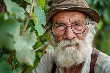 Obraz premium Portrait of a senior winemaker with hat and eyeglasses examining grapevines in his vineyard