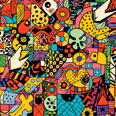 Obraz premium This artistic mosaic features a mix of shapes and colors, including butterflies and flowers, perfect for brightening and inspiring any space.