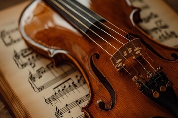 Naklejka premium Polished violin rests on sheet music, creating a scene of musical anticipation and harmony
