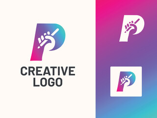 Creative P Letter Logo with Hand Holding Pencil and Gradient Colors