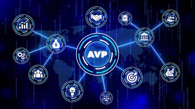 A V P Concept with Infographic on Blue Background with Map and Binary Code business finance technology