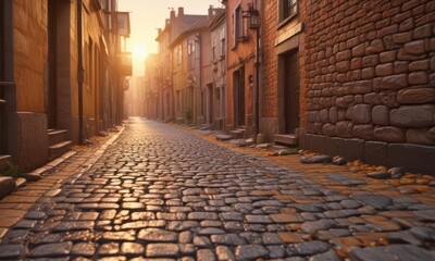 Naklejka premium Cobblestone alleyway bathed in warm golden glow of sunrise, village, dawn, golden light