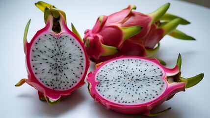 Dragon Fruit Sliced in Half, Displaying the White Flesh and Black Seeds Photo