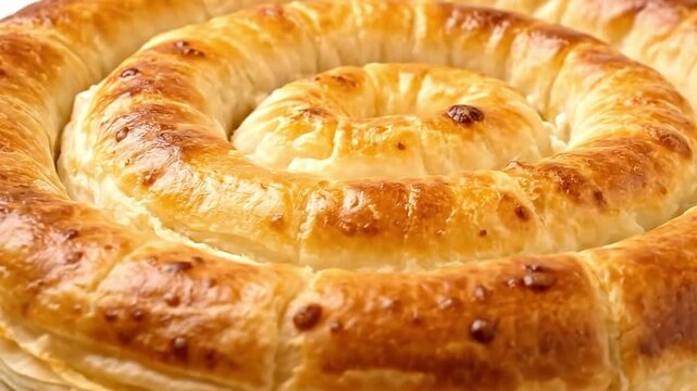 A delicious, freshly baked spiral pastry with a golden-brown, flaky crust in a detailed close-up. The savory pie is coiled into an appetizing circular shape against a clean white background. This shot