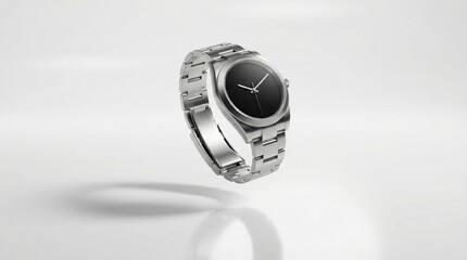 luxury silver watch floating in air above white surface, soft shadow below, dramatic soft studio lighting, glossy reflection, clean background