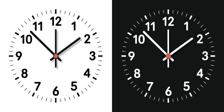 Realistic black and white clock face illustration with numbers, red center, vector design.