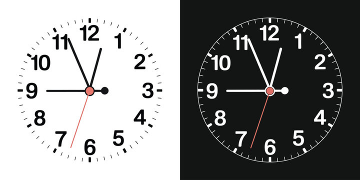 Realistic black and white clock face illustration with numbers, red center, vector design.