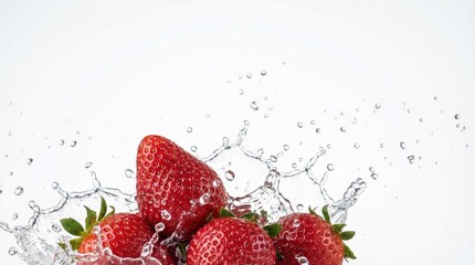 macro ultra realistic fresh strawberries with water splash, droplets frozen in air, pure white background, high speed photography, soft studio lighting