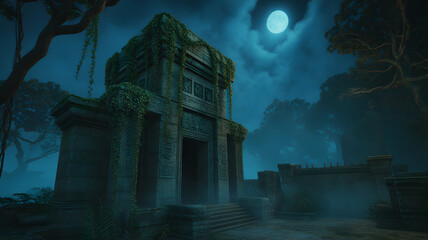 Fototapeta premium Ancient stone temple ruin with vine growth and a full moon above.