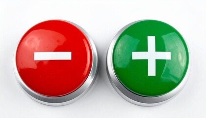 Obraz premium Two large round buttons—red with a white minus sign and green with a white plus sign—sit side by side on a neutral surface, symbolizing choice, action, and decision-making in a digital context.