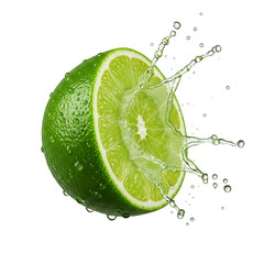 Fresh green lime with water droplets splashing isolated on transparent background
