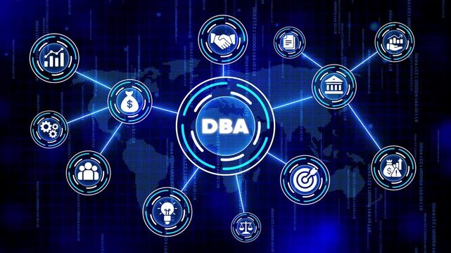 Business Database and Symbols on a Futuristic Background Representing Data Analysis and Strategy for Companies