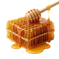 Honey dipper dripping golden honey on honeycomb isolated on transparent background