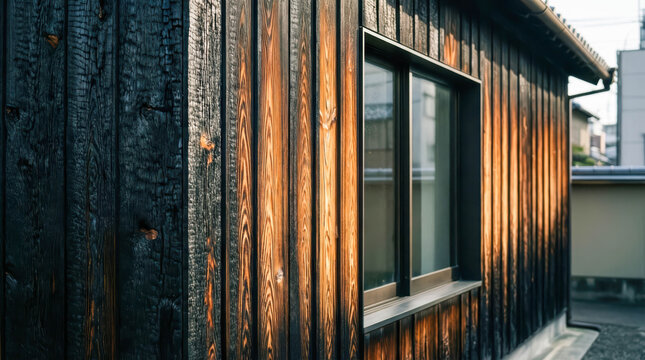 Exterior wall with charred wood processed using the yakisugi shou sugi ban technique. Close-up from the side, showing the wood grain and the glass window in daylight.