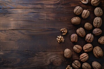 Walnuts arranged on a rustic wooden table, creating a diagonal line and leaving space for text or other design elements