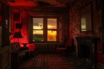 Naklejka premium Eerie sunset illuminates a decaying room with a broken window, bathed in a mysterious red light