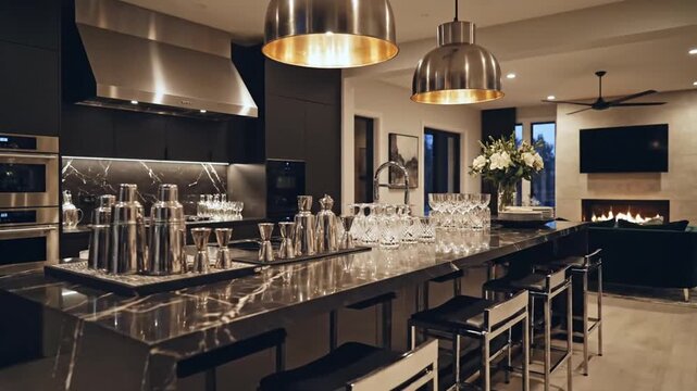 Modern Luxury Kitchen Island With Cocktail Shakers And Barware