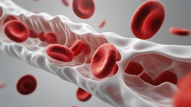 Red blood cells flowing through a vein in the human body, a 3D rendered video animation