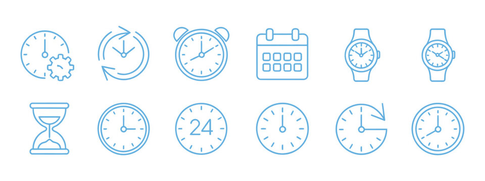 Time clocks icons in thin line style, vector illustration for schedules, alarms, and time management.