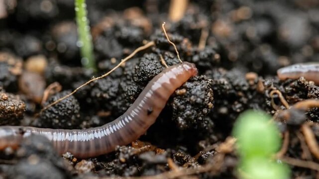A detailed macro shot captures an earthworm moving through rich, dark, fertile soil. The invertebrate's segmented body glistens as it crawls past small green sprouts, aerating the ground. This footage
