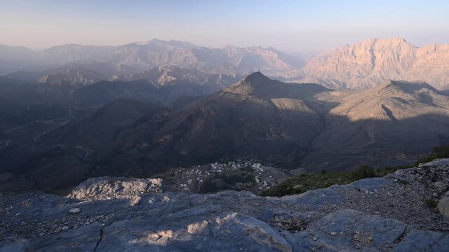 Sunset Omani Mountains at Jabal Akhdar in Al Hajar Mountains, Oman at sunset.