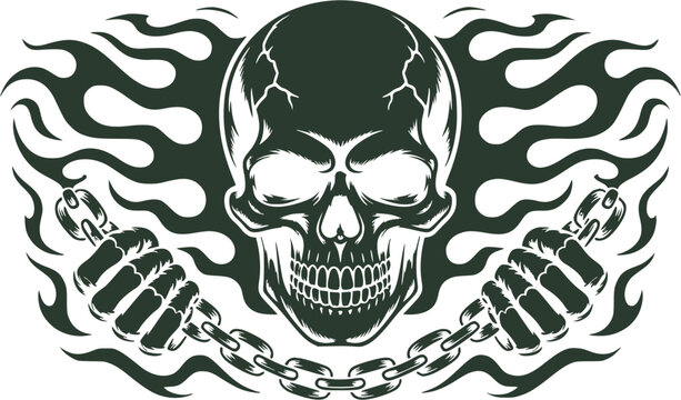 Detailed gothic skull with chains and flames. Dark edgy vector illustration for biker, rock, metal designs, apparel and prints.