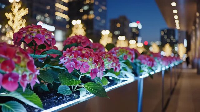 Row of pink hydrangeas illuminated by LED lights at dusk with city buildings in the background