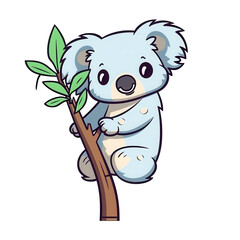 Fototapeta premium Cute Koala Cling To Tree Branch Cartoon Style Illustration with Big Eyes
