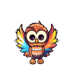 Naklejka premium Whimsical Owl Cartoon Character with Colorful Wings on Black Background
