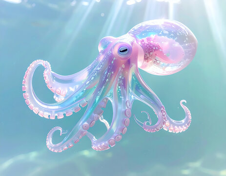 Translucent Crystal Octopus with Glass-Like Body and Iridescent Details Isolated on White Background