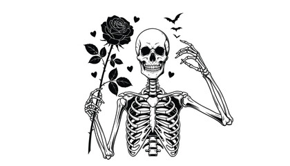 Fototapeta premium Stylized vector illustration of skeleton holding rose with whimsical hearts and birds in surreal black and white design