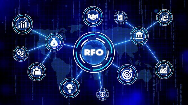 R F O Request For Offer Business Concept with Infographic on Blue Background with Representing Various Aspects of Finance and Technology