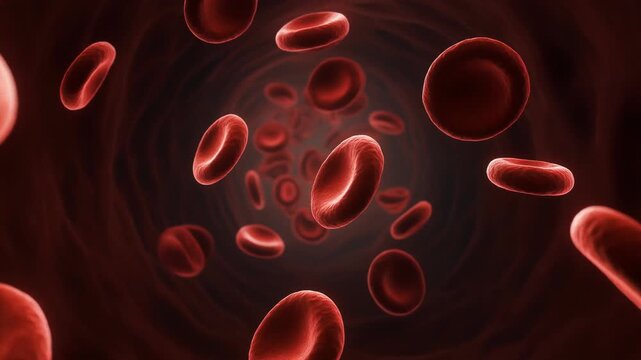 Red blood cells flowing through a vein in a 3D animation, viewed from a microscopic perspective