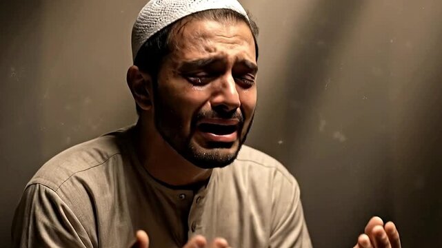 A devout man wearing traditional headwear is overcome with emotion as he prays fervently. With tears in his eyes and hands raised in supplication, he seeks solace or forgiveness in a dimly lit room, i