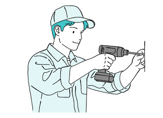 電動ドリルで穴あけ作業を行う作業員の人物線画｜DIY, 設置工事, 内装, 電動工具