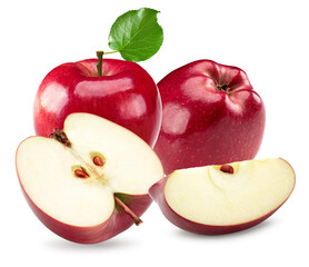 sliced red apples with green leaves isolated on white background. clipping path
