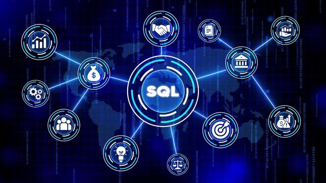 S Q L database management system concept with interconnected representing data analysis, business intelligence, and technology on a blue background with coding numbers