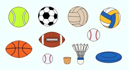 Obraz premium Conjunto de iconos planos mínimos de pelotas deportivas. Estilo de dibujos animados.