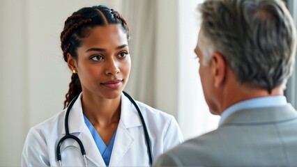 Fototapeta premium young african american female doctor wearing white coat stethoscope around her neck she standing front man who sitting chair appears engaged conversation doctor looking man serious expression her