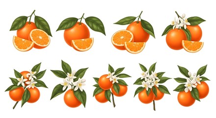 Vibrant orange fruits with leaves and blossoms illustration