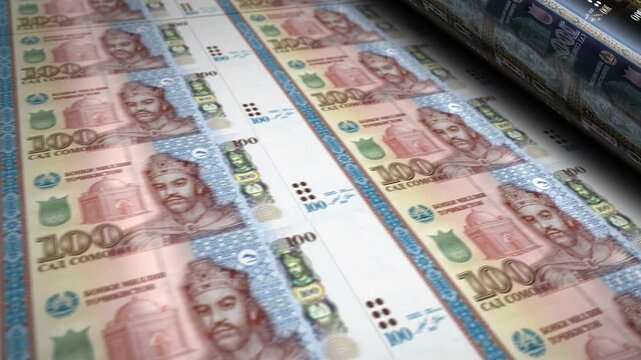 Tajikistan somoni Tajikistani money banknotes printing roll machine loop. Paper 100 TJS bank note print 3d looping seamless. Abstract concept of banking, finance, economy and crisis.