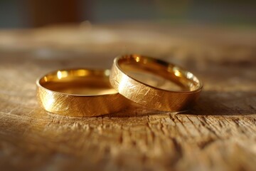 Golden wedding rings symbolize commitment and everlasting love, placed on a textured wooden surface