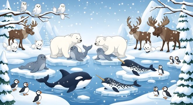 Caricatura de animales &aacute;rticos sobre fondo blanco con nombre de animal.
 Ping&uuml;ino, oso polar, reno.
 Morsa.
 Alce.
 B&uacute;ho nival.
 Zorro &aacute;rtico.
 &Aacute;guila.
 Orca.
 Bisonte.
 Sello.
 Frailecillo.
 Narval.