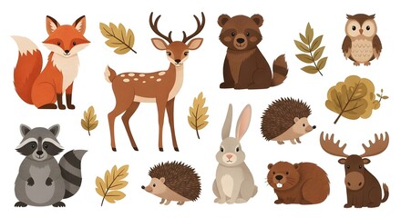 Fototapeta premium Ilustración de dibujos animados planos de animales del bosque. Lindo zorro, lobo, oso pardo, búho, venado, ardilla listada, lince vector clipart de vida silvestre para libros infantiles.