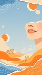 Abstract surreal landscape with torn paper effect and a woman's smiling mouth