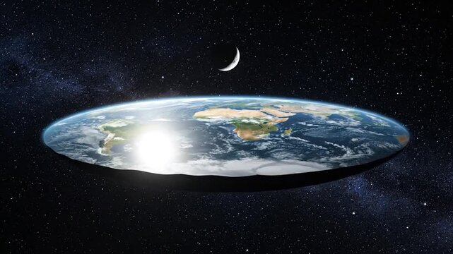 Conceptual illustration of earths flat disc shape with crescent moon in space