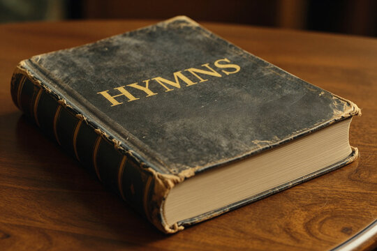 An old thick volume hardcover hymn book, weathered, faded and worn due to frequent use, on wooden table, a collection of Christian spiritual music, songs for hope, inspiration, worship and salvation.
