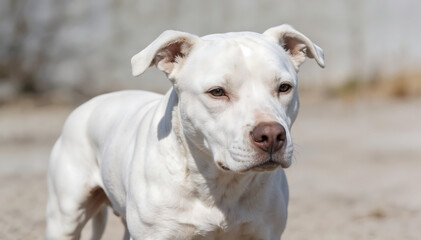 A white pitbull standing on a sandy surface, looking alert with a slight tilt of its head, against a blurred background.